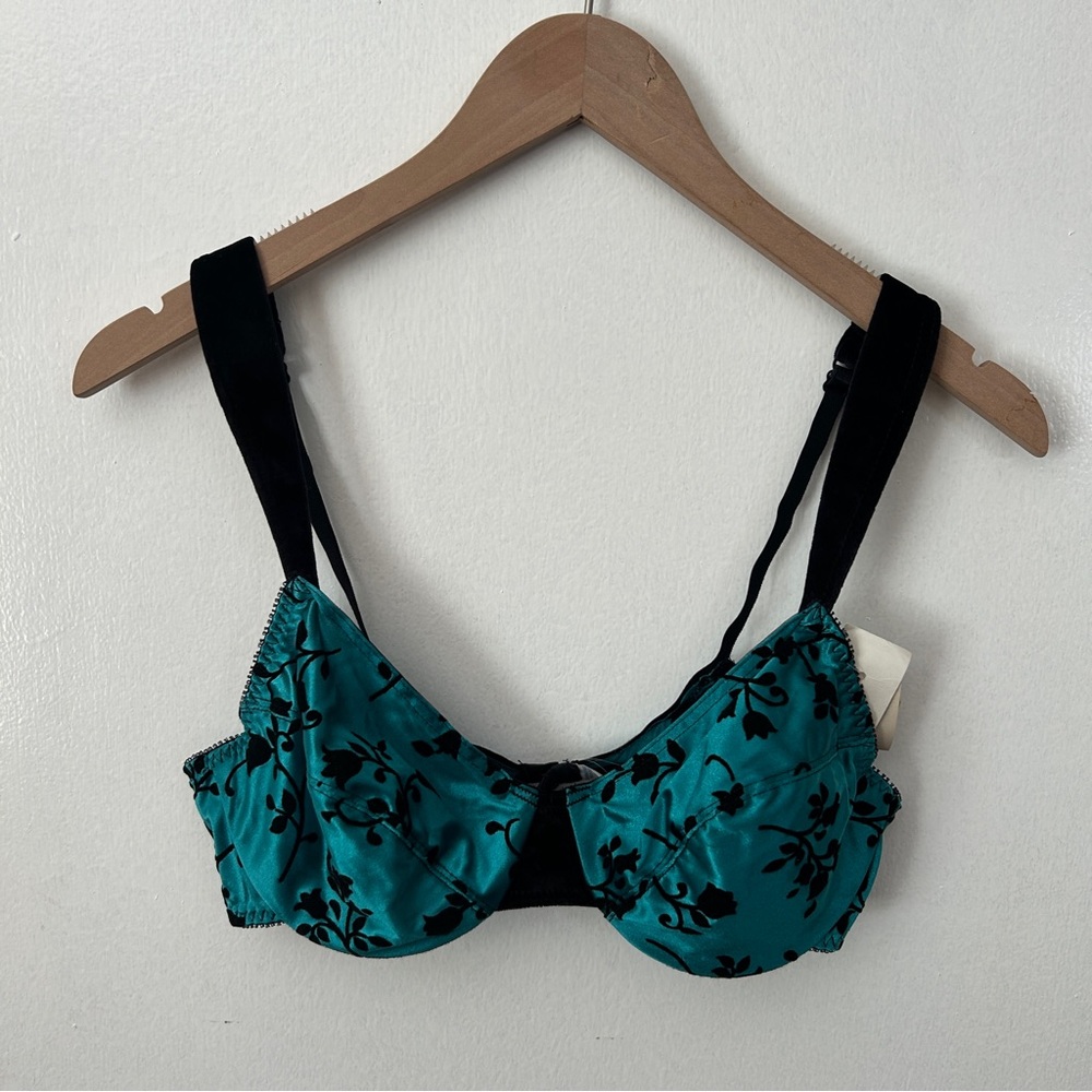 Vintage Teal and Black Velvet Floral Bra